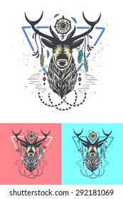Indian Deer Head. Animal hand drawn illustration. White, red, blue background