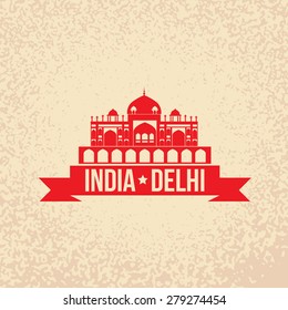 Indian design. Humayun's Tomb - the symbol of India, Delhi. Stamp with red ribbon.