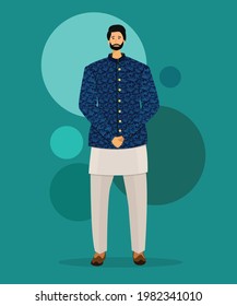 Indian  Designer Wedding Wear Men Kurta Pajama with blue outfit, man fashion flat illustration design.