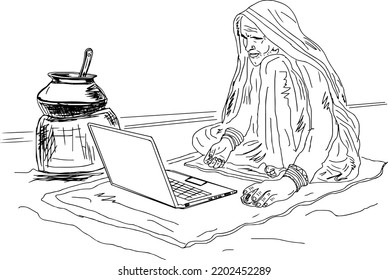 Indian development concept poster, Poor indian woman working on laptop in her village kitchen outline sketch drawing illustration vector, Poor old lady of asia working on laptop cartoon doodle drawing