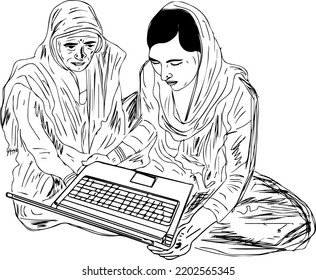 Indian Development Poster, Indian Village Mother And Daughter Using Laptop For Online Study Sketch Drawing, Indian Women Attending Online Classes On Laptop Outline Illustration