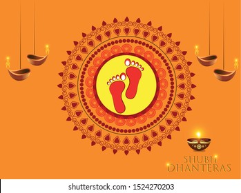 indian dhanteras diwali festival celebration background. Happy dhanteras innovative abstract, banner or poster for Dhanteras Maa  Laxmi Charan for Indian dhanteras and diwali fest