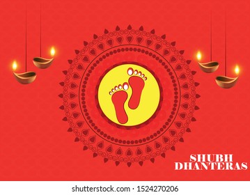 indian dhanteras diwali festival celebration background. Happy dhanteras innovative abstract, banner or poster for Dhanteras Maa  Laxmi Charan for Indian dhanteras and diwali fest