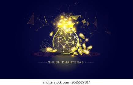 Indian Dhanteras diwali festival creative design with modern futuristic digital low poly polygon tecnology style of golden coins pot kalash and jewellery