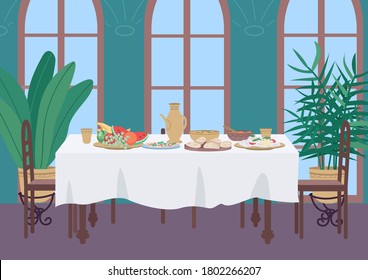 Indian dinner at home flat color vector illustration. Ramadan meal. Traditional dining at home. Meal and dishes for lunch and breakfast. Luxury 2D cartoon interior with lush houseplants on background