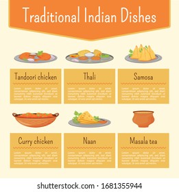 Indian dishes flat color vector informational infographic template. Meal recipes poster, booklet, PPT page concept design with cartoon characters. Menu advertising flyer, leaflet, info banner idea