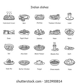 Indian dishes line icons set. Indian cuisine. Traditional Indian meals and drinks. Roti, tandoori, lassi, kulfi, dosa, samosa and more. Asian food. Isolated vector illustrations. Editable stroke