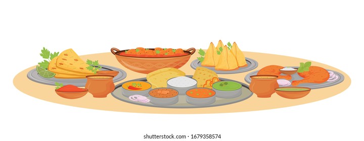 Indian dishes serving cartoon vector illustration. Traditional cuisine meals and spicy sauces in thali flat color object. Indian restaurant food, served table surface isolated on white background