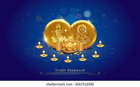 Cartel del festival Indian Diwali Deepawali Dhanteras con las monedas de oro de Lord Ganesha y la diosa Lakshmi Laxmi ornamentos joyas