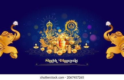 Indian Diwali Dhanteras festival creative poster with Lord Ganesha and Goddess Lakshmi Laxmi golden coins ornaments jewellery