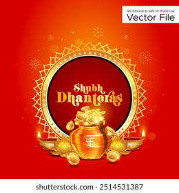 Indian Diwali Dhanteras festival puja template background. Goddess Lakshmi, Laxmi, golden coins, vintage, diya lights, ornaments, jewellery, sparkle on vibrant red background.