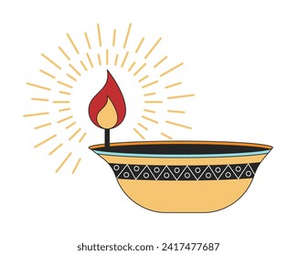 Indian diwali diya oil lamp 2D linear cartoon object. Hinduism auspicious custom isolated line vector element white background. Festival of lights hindu festival color flat spot illustration