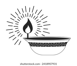 Lámpara de aceite diwali diya india objeto de dibujos animados en 2D en blanco y negro. Elemento de contorno de vector aislado personalizado del hinduismo favorable. Festival de luces hindú festival monocromático plano ilustración