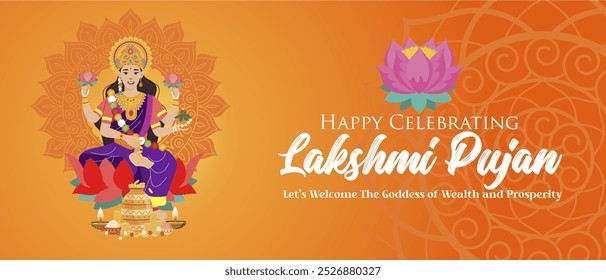 Indian Diwali Festival 2024 Happy Lakshmi Puja Ceremony Banner with Lakshmi Goddess Illustration. Laxmi  the Goddess of Prosperity Vector Illustration. 