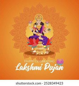 Indian Diwali Festival 2024 Happy Lakshmi Puja Ceremony Greeting with Lakshmi Goddess Illustration and Golden Coins. Laxmi  the Goddess of Prosperity Vector Illustration. 