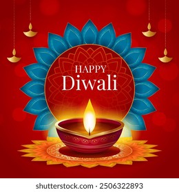 Indian Diwali festival celebration background. Illuminated oil lamps on traditional mandala