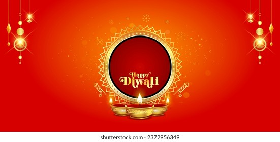 Indian Diwali festival poster banner background. Happy Diwali text with Luxury, golden ornament, lamp and light design. Vector illustration.