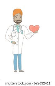 Indian doctor cardiologist showing red heart. Full length of young doctor cardiologist in medical gown holding a red heart. Vector sketch cartoon illustration isolated on white background.: stockvector