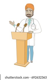 Indian doctor speaking to audience from the tribune. Young doctor giving a speech from the tribune with microphones. Vector sketch cartoon illustration isolated on white background.