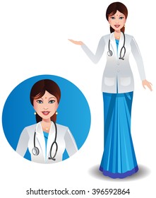 Indian doctor in a traditional Indian saree, doctor coat and stethoscope