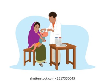 Indian Doctor vaccinates boy to prevent diseases and viruses. Scheduled vaccination of children. Colored vector illustration flat cartoon isolated white background. Vitamin A plus supplements.