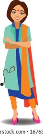 An Indian doctor wearing a Punjabi suit, a doctor's white coat and a stethoscope
