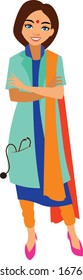 An Indian doctor wearing a Punjabi suit, a doctor's white coat and a stethoscope