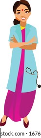 An Indian doctor wearing a Saree, a doctor's white coat and a stethoscope