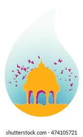 Indian dome silhouette inside drop surrounded by flock of birds (dawn)