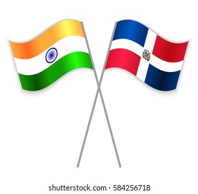 Indian and Dominican crossed flags. India combined with Dominican Republic isolated on white. Language learning, international business or travel concept.