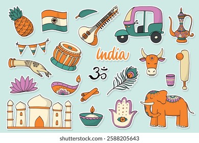 Indian doodles, stickers collection, clipart. Indian culture elements for prints, posters, banners, social media, etc. EPS 10