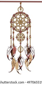 Indian dream catcher amulet with the rope, feathers and beads on a white background