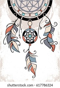 Indian Dream catcher with beads feathers. Sketch style. Color option. Vector illustration isolated on white old background.