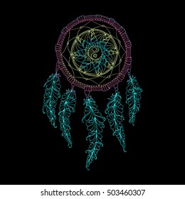Indian Dream catcher, black background and colorful bright ethnic graphic element, Vector object