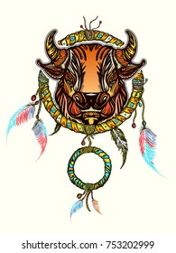 Indian dream catcher with ethnic ornaments and ethnic bull head. Boho native american style t-shirt design. Tribal bull and dreamcatcher vector