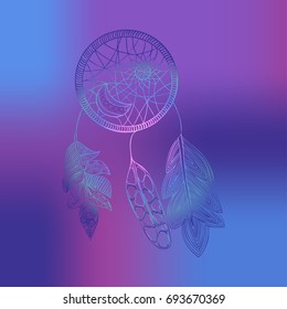 Indian dream catcher. Hand drawn native american talisman on a blue gradient color background.