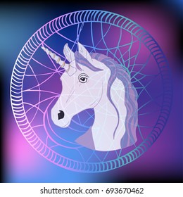 Indian dream catcher. Hand drawn native american talisman with head of Unicorn on a blue gradient color background.