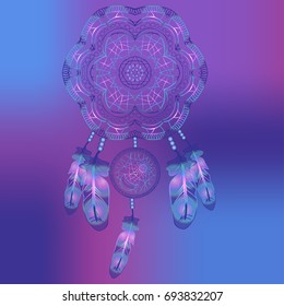 Indian dream catcher. Hand drawn native american talisman on a blue gradient color background.