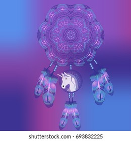 Indian dream catcher. Hand drawn native american talisman with head of Unicorn on a blue gradient color background.