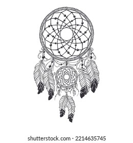 Indian dream catcher with mandala. Mystical dreamcatcher with feathers. Hand drawn dream catcher. Native American talisman. Vector illustration isolated on white background
