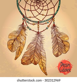 Indian Dream Catcher. Native American Tribal Symbol. Vintage Hand Drawn Colorful Illustration