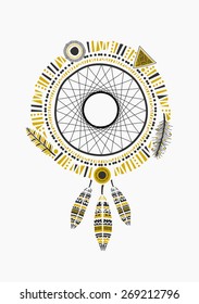 Indian dream catcher with ornate feathers in black and golden, isolated on white.