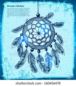 Indian Dream catcher in a sketch style. Blue hand-drawn card. Vector illustration.