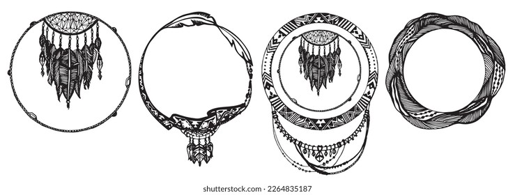 Indian Dream catcher in a sketch style. Vector illustration isolated on white background. Set of ornaments, feathers and beads. Native american indian dream catcher, traditional symbol.