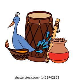 indian drum with candle and peacock