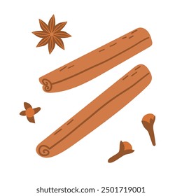 Indian dry anise star  pod of anis bud, cinnamon cassia bark on white backdrop. Bright brown hand drawn star anise, cinnamon in retro art doodle style. Close up macro Chinese sweet cinnamon product