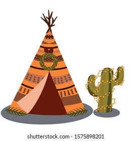 Indian dwelling. Wigwam and desert cactus in Christmas decorations. Vector illustration