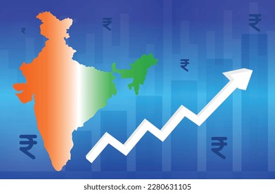 Indian Economy Growth Concept Shown with Arrow Going up. Indian Rupee Symbols representing growth of GDP and Economy. Tricolor Inspired by Indian Flag.
