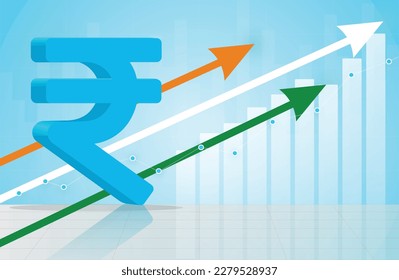 Indian Economy Growth, Indian Rupee Growth. Represented by Arrows going up in colors of Indian flag and bar graph increasing and moving upwards.