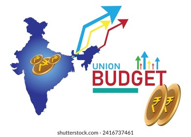 Indian economy increase bull market. indian stock market high growth.Union Budget  India. Red suitcase and up market arrows with rupee symbol showing budget positive impact on Indian economy. Vect